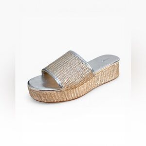 L’AGENCE Inaya Raffia Platform Sandals Silver Espadrille Slides 6.5